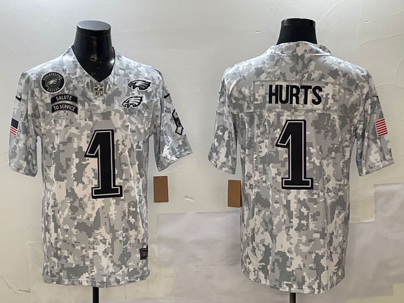 Men Philadelphia Eagles #1 Hurts Camo Nike 2025 Salute to Service Limited NFL Jersey style 1